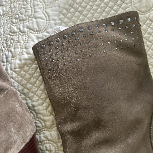 Dark Green Suede Mid-Calf Boots With Rhinestone Accents - Picture 4 of 12